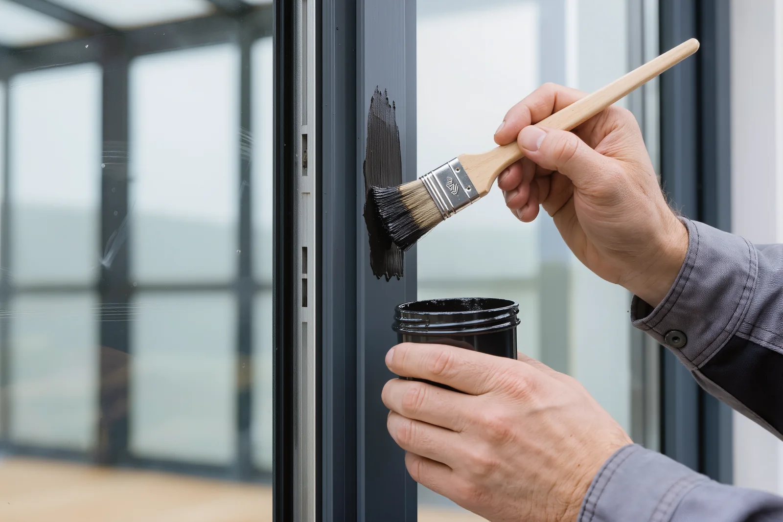Alüminyum ve PVC cephe boya rötuşu yapılmış modern bina cephesi